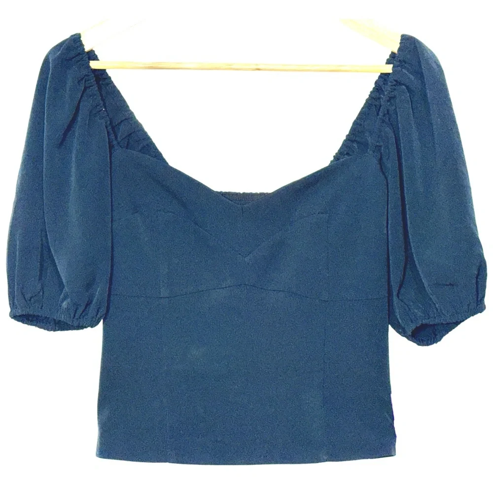 NEW Abercrombie & Fitch Black V Neck Puff Sleeve Peasant Blouse Tops Size Small